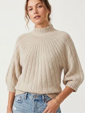Vince Beige Knit Mock Neck Sweater Top | 3/4 Sleeve